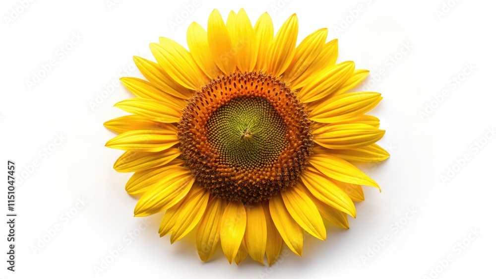 Single sunflower isolated on white background showcasing its bright yellow petals and green leaves Single sunflower isolated on white background showcasing its bright yellow petals and green leaves