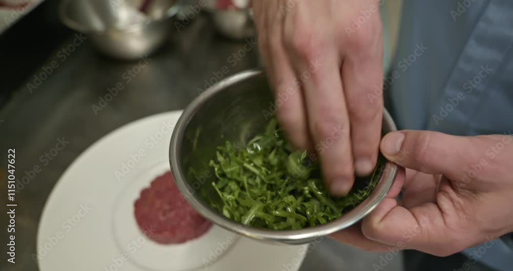 Process of Preparation of Meat Dishes by Chef Cook at Restaurant Kitchen. Slow motion 60 fps 4K 10-bit Process of Preparation of Meat Dishes by Chef Cook at Restaurant Kitchen. Slow motion 60 fps 4K 10-bit