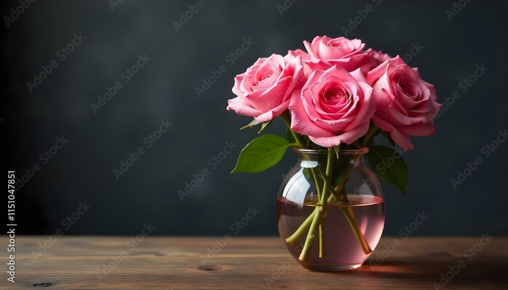 Rosas rosadas en un jarrón de vidrio rosa sobre mesa de madera con fondo de pared oscura Rosas rosadas en un jarrón de vidrio rosa sobre mesa de madera con fondo de pared oscura
