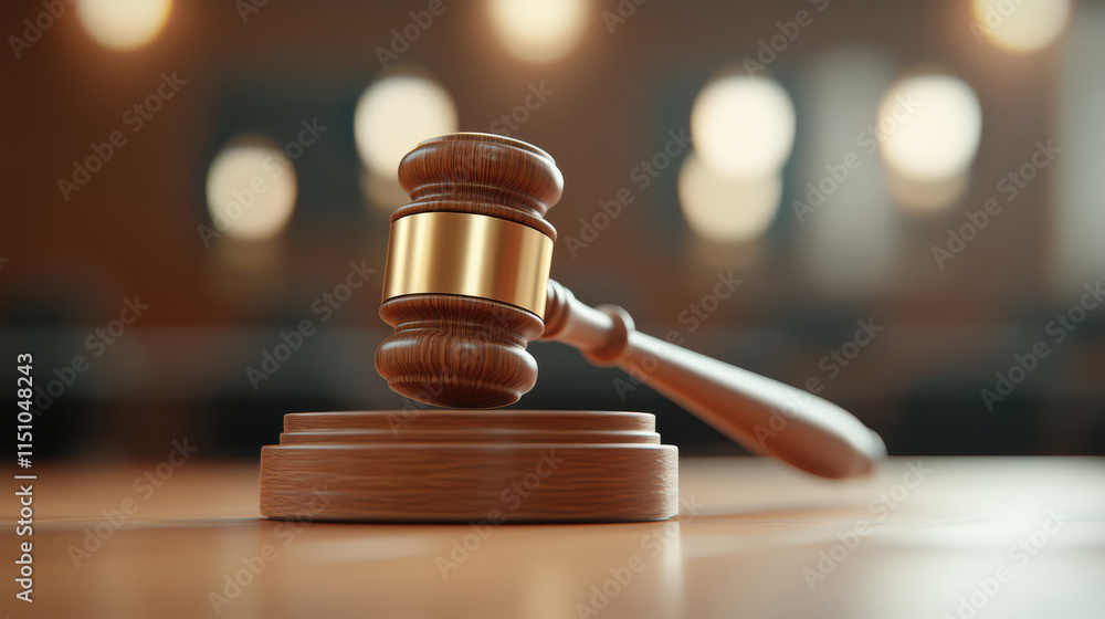 3D rendered judge gavel slamming down on wooden block in courtroom, symbolizing justice and authority. blurred background adds depth to scene 3D rendered judge gavel slamming down on wooden block in courtroom, symbolizing justice and authority. blurred background adds depth to scene