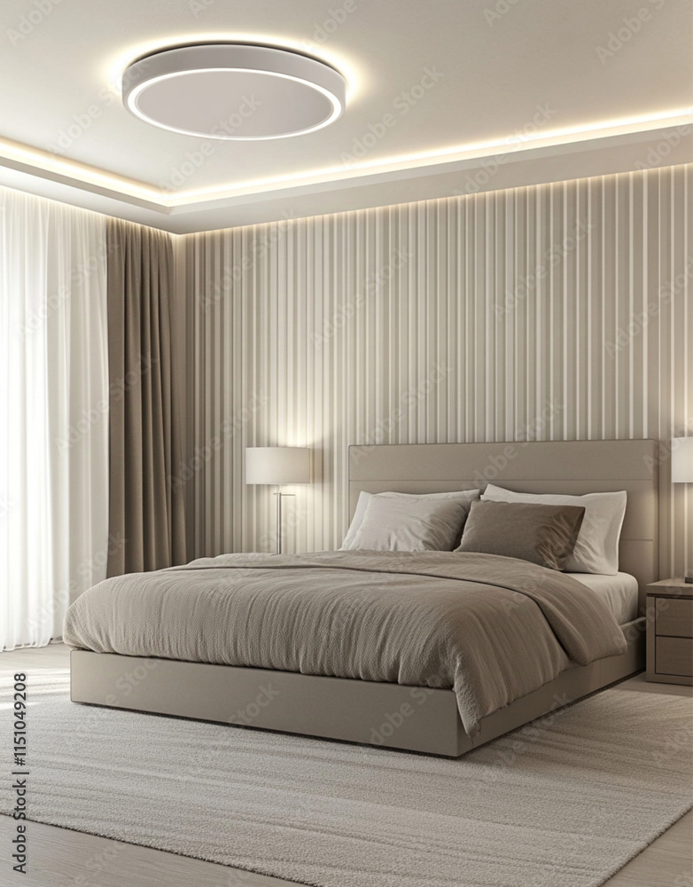 A modern and minimalist bedroom with a large gray upholstered bed, white walls with vertical striped paneling, and sheer curtains covering the windows A modern and minimalist bedroom with a large gray upholstered bed, white walls with vertical striped paneling, and sheer curtains covering the windows