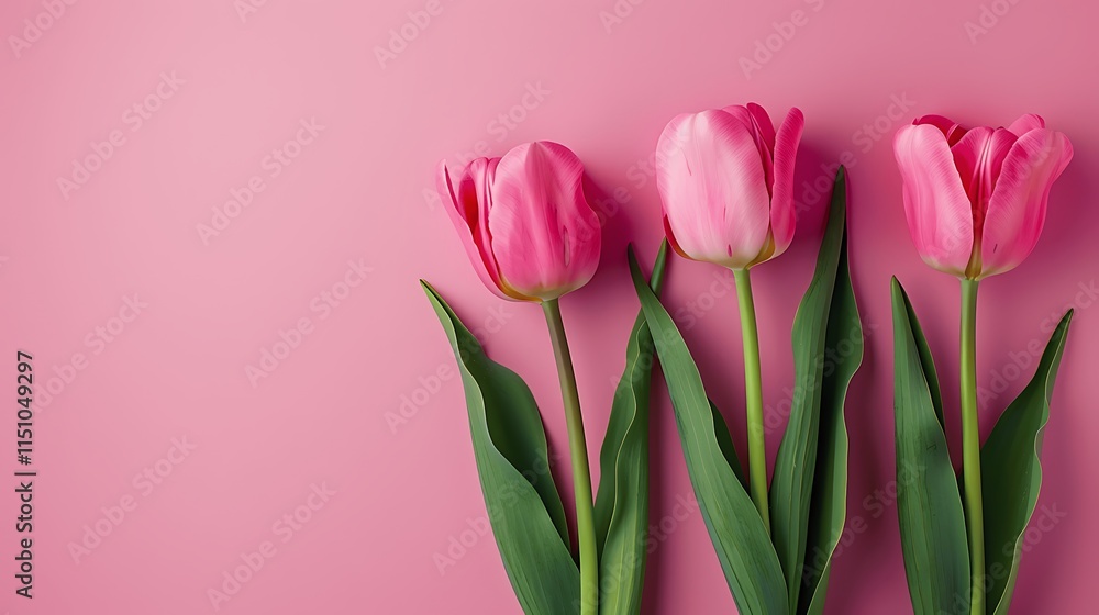 Pink Tulips with Green Leaves on Pink Background Pink Tulips with Green Leaves on Pink Background