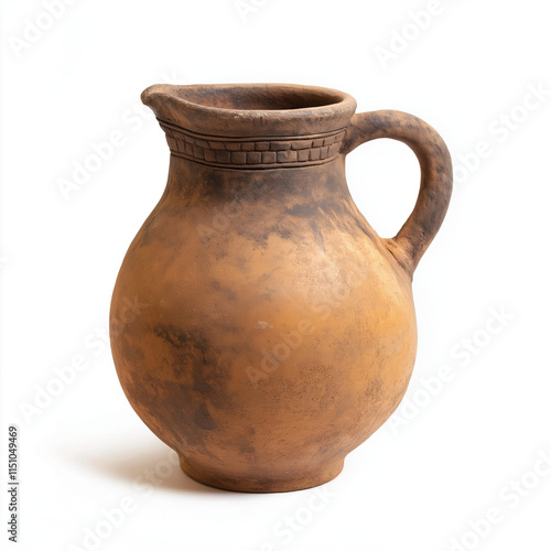 Ancient water clay jug with a handle isolated on a white background