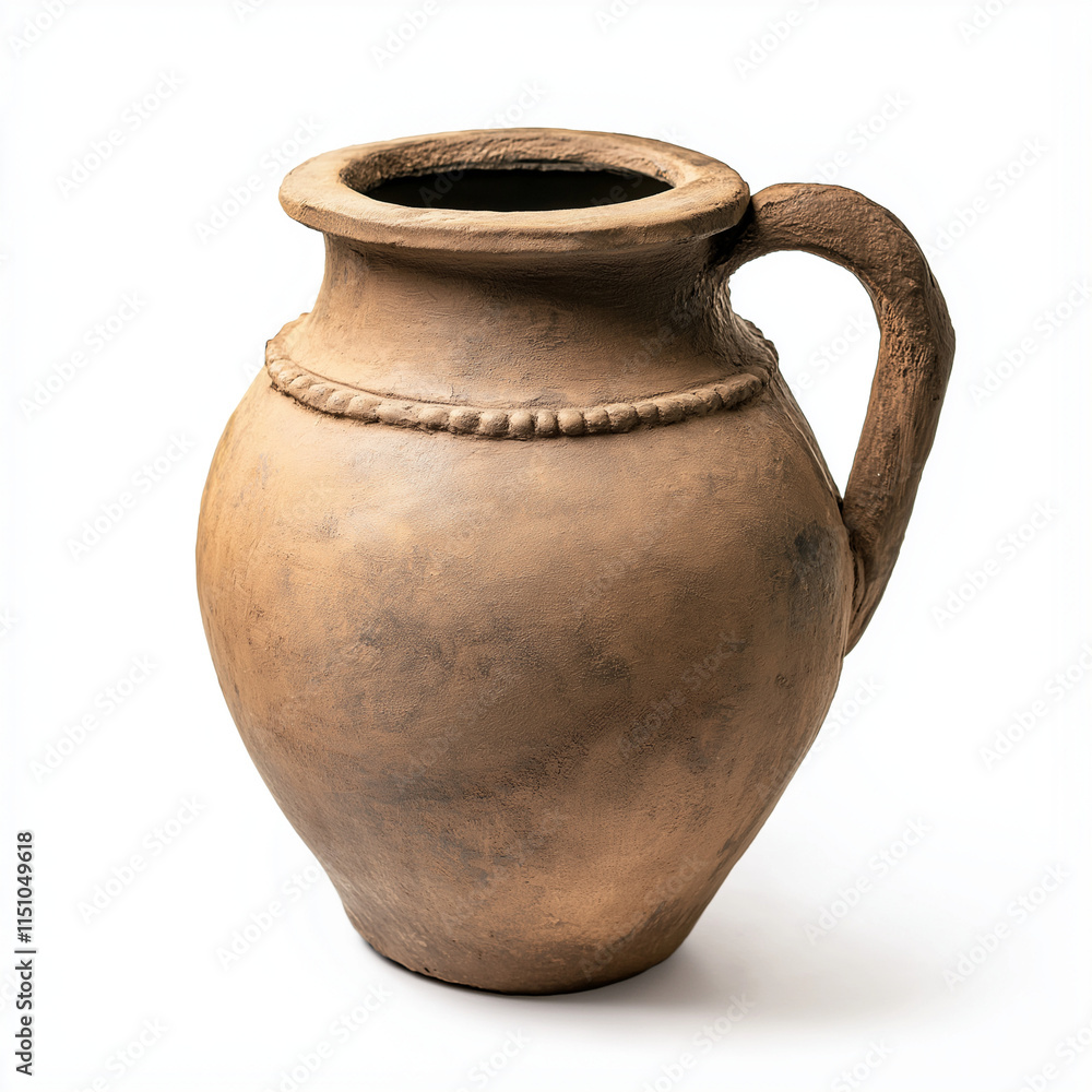 An old traditional clay jug with a handle isolated on a white background An old traditional clay jug with a handle isolated on a white background