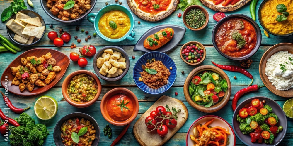 Vibrant array of mouthwatering dishes at a colorful spread, food photography, appetizing, delicious, buffet, gourmet, vibrant Vibrant array of mouthwatering dishes at a colorful spread, food photography, appetizing, delicious, buffet, gourmet, vibrant