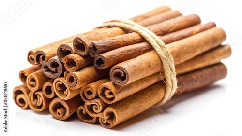 Cinnamon sticks on white background with aromatic spices and seasoning photo