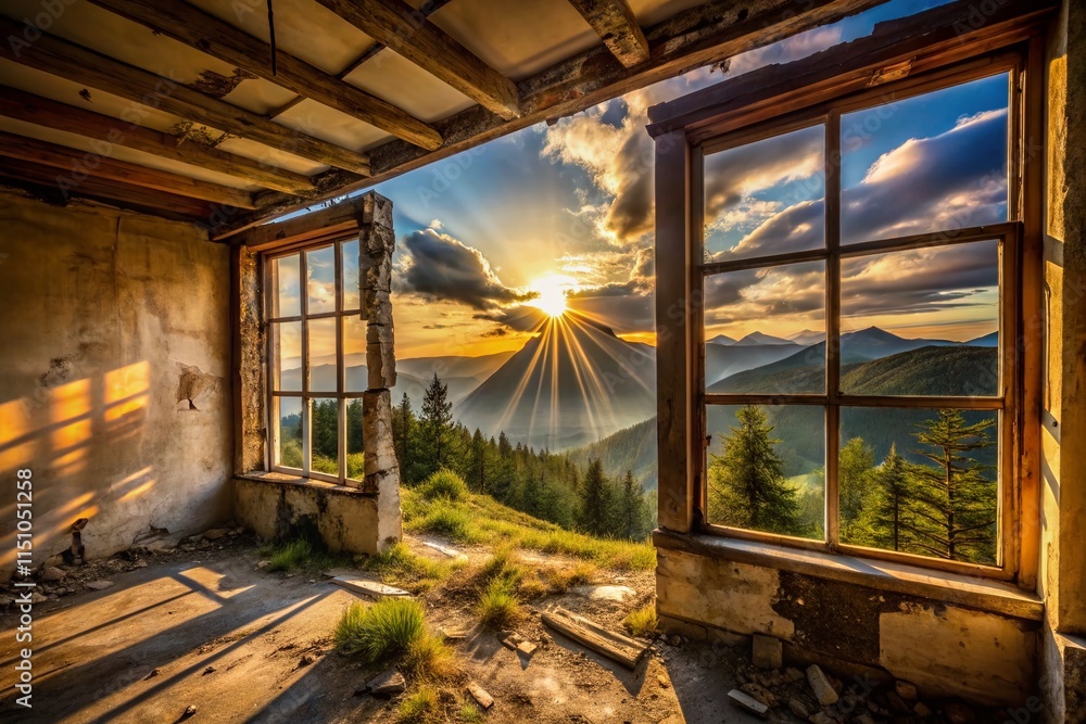 Fototapeta premium Abandoned Building Sunbeams Windows Landscape Photography AI Art