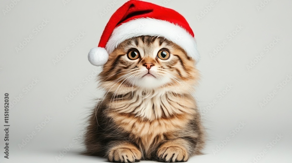 Festive Feline: Adorable Cat in Santa Hat on White Background Festive Feline: Adorable Cat in Santa Hat on White Background