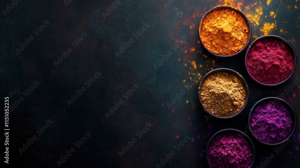 top view of colorful traditional holi powder in bowls isolated on dark background.Space for text . happy holi.Concept Indian color festival called Holi top view of colorful traditional holi powder in bowls isolated on dark background.Space for text . happy holi.Concept Indian color festival called Holi