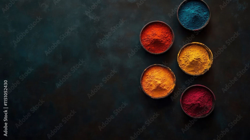 top view of colorful traditional holi powder in bowls isolated on dark background.Space for text . happy holi.Concept Indian color festival called Holi top view of colorful traditional holi powder in bowls isolated on dark background.Space for text . happy holi.Concept Indian color festival called Holi