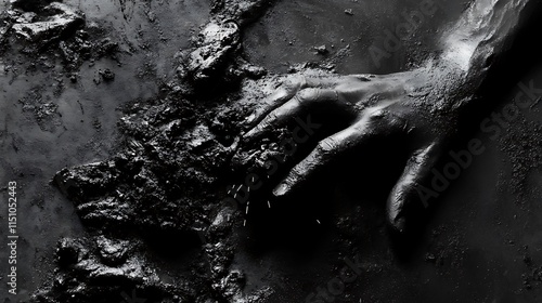 Muddy hand presses into mud. photo