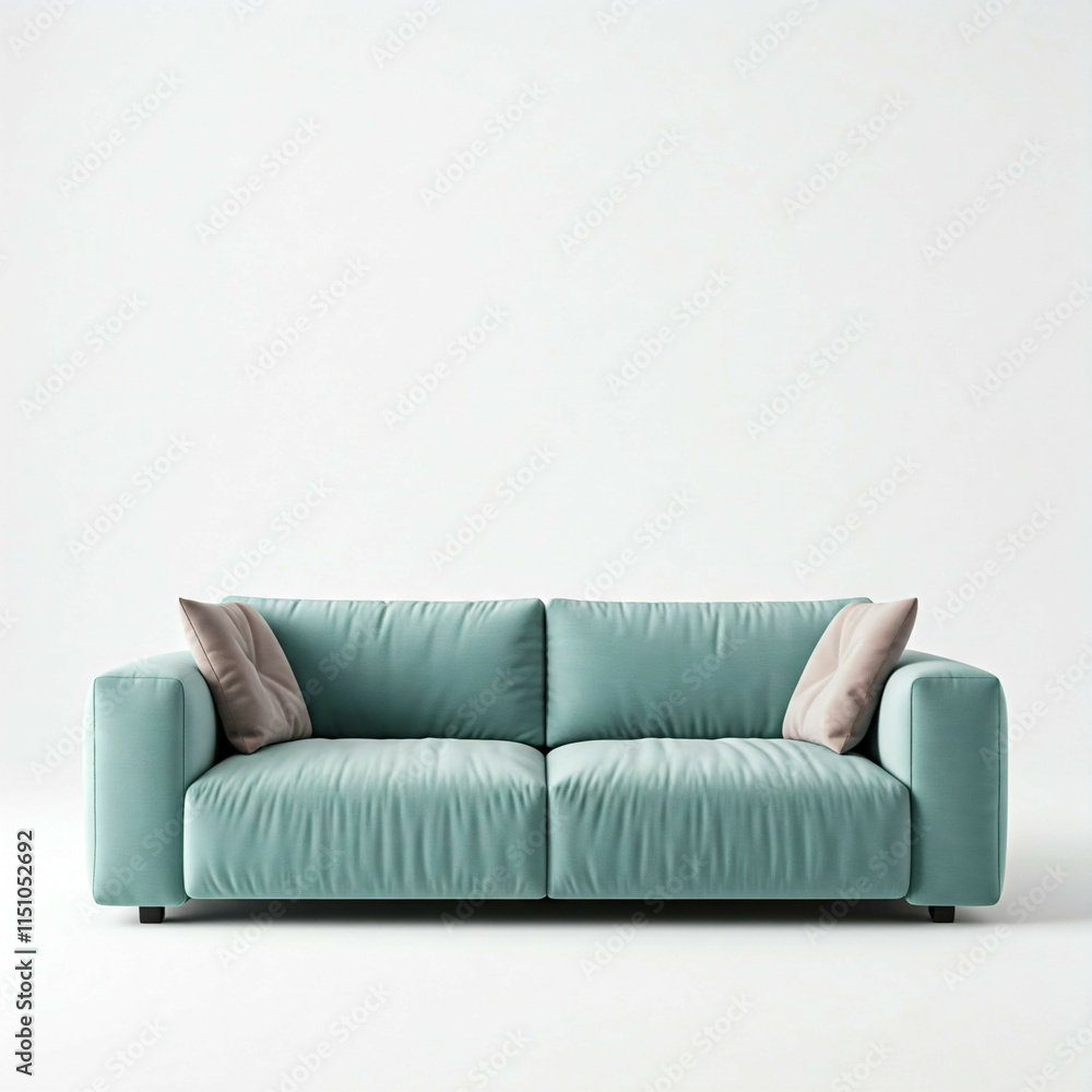 Fototapeta premium mint green sofa with two beige pillows on a white background in a modern minimalist living room