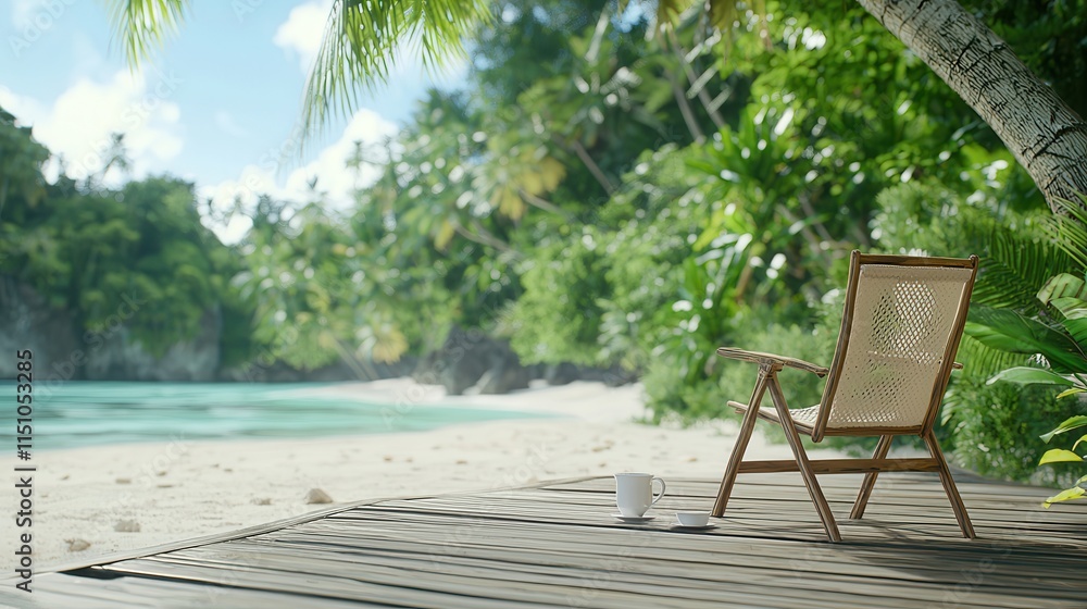 Bamboo furniture is eco-friendly. Serene beach scene with a single chair on wooden deck. Bamboo furniture is eco-friendly. Serene beach scene with a single chair on wooden deck.