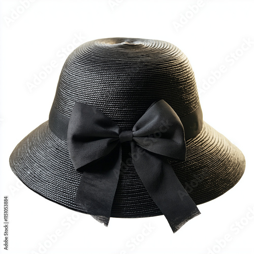 Black brimmed hat with black ribbon bow isolated on a white background photo