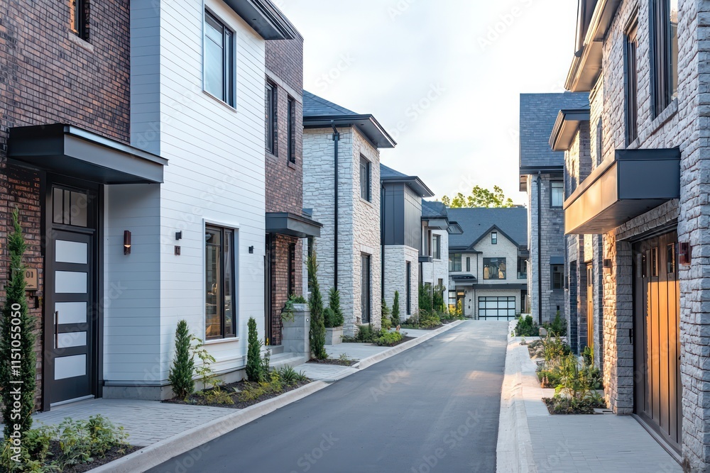 Street view of modern homes featuring stone exteriors and large, stylish entrance doors. Street view of modern homes featuring stone exteriors and large, stylish entrance doors.