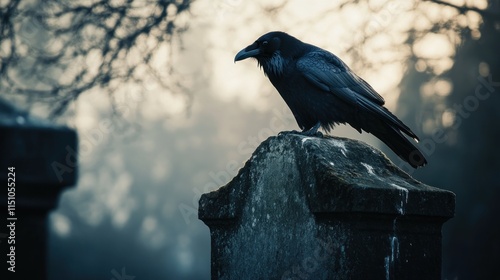 An eerie black crow rests atop an ancient tombstone, its sharp beak glinting under dim light. the photo captures the crows haunting silhouette.