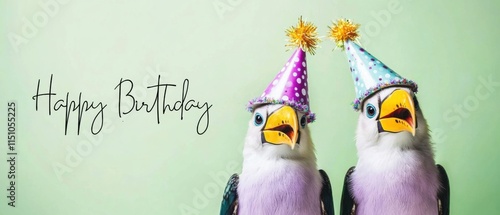 Two Adorable Birds Celebrate Birthday with Party Hats photo