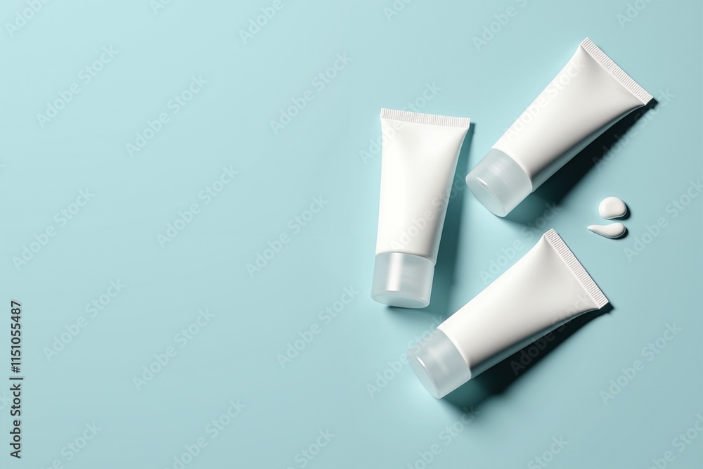 Discover the Essence of Beauty: Three Tubes of Cream on a Calming Blue Background, Perfect for Skincare Routines and Advertising. Discover the Essence of Beauty: Three Tubes of Cream on a Calming Blue Background, Perfect for Skincare Routines and Advertising.