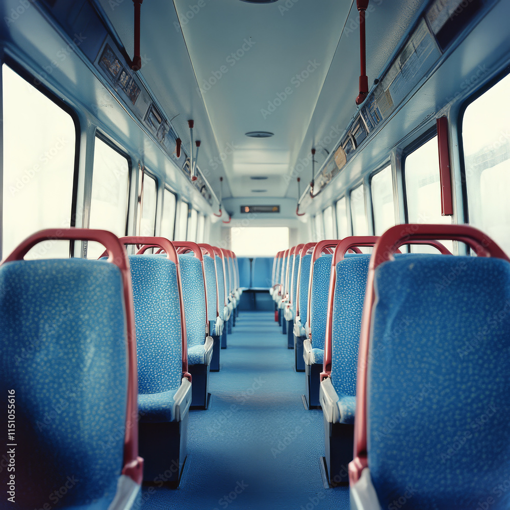 Fototapeta premium bus interior featuring blue seats and clean, spacious layout. bright atmosphere invites passengers to relax during their journey
