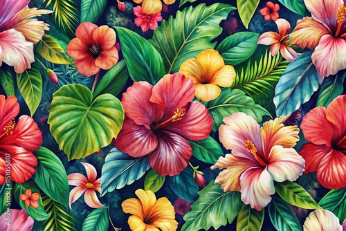 Wallpaper Mural Abstract Hibiscus Flowers Seamless Pattern AI Art Torontodigital.ca