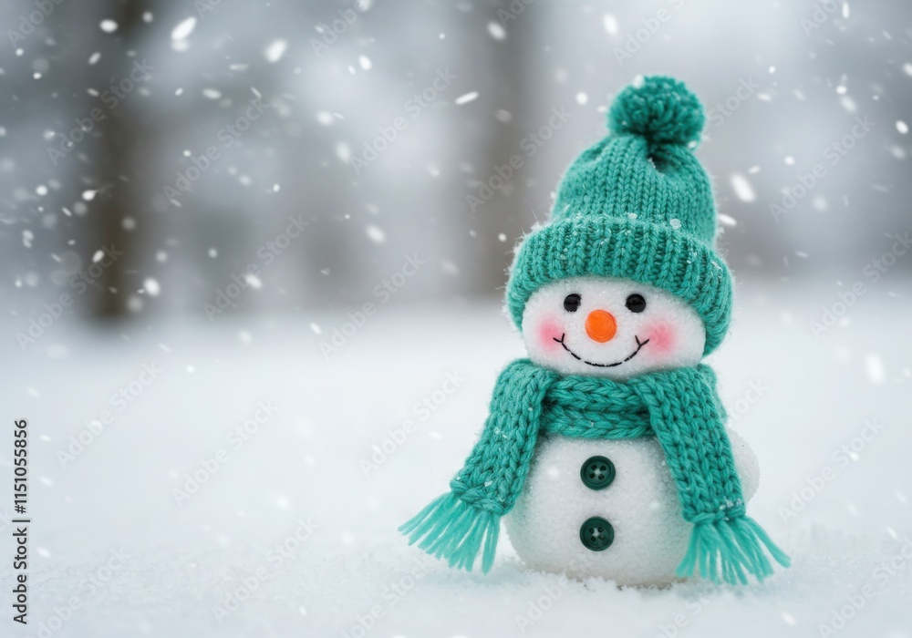 Cute snowman, teal scarf, green knit hat, carrot nose, snowy landscape, soft focus, bokeh Cute snowman, teal scarf, green knit hat, carrot nose, snowy landscape, soft focus, bokeh