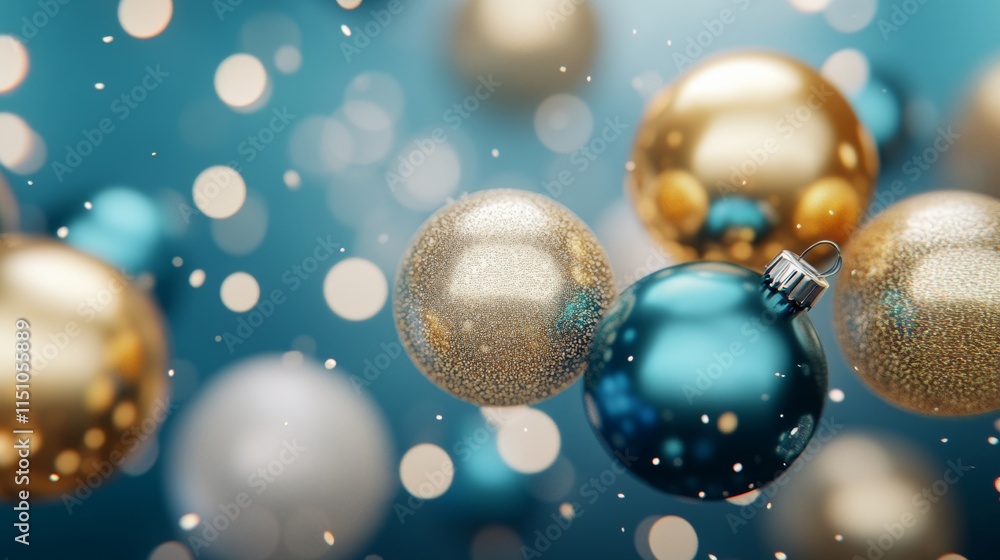 holiday web banner with shimmering gold and blue baubles