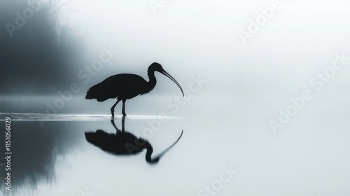 An exotic black ibis walks gracefully along a wetland, its long beak reflected in the still water. the image celebrates the ibis elegance. photo