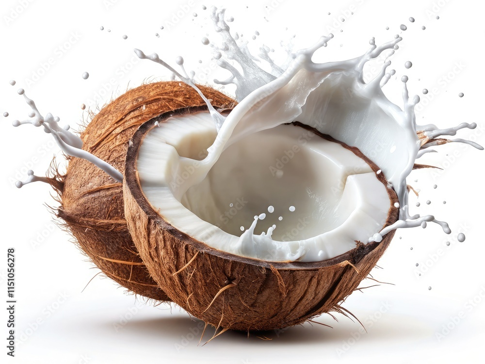 High-resolution generative AI image: a vibrantly fresh coconut, isolated, showcasing long-exposure food photography. Tropical fruit perfection. High-resolution generative AI image: a vibrantly fresh coconut, isolated, showcasing long-exposure food photography. Tropical fruit perfection.