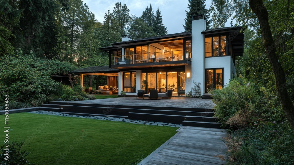 Modern two-story house with large deck and landscaped yard at dusk. Modern two-story house with large deck and landscaped yard at dusk.