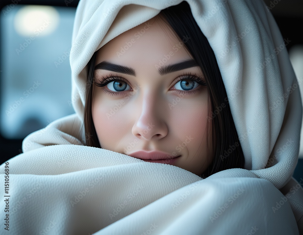 Beautiful Woman in Cream Hooded Scarf Closeup Portrait Beautiful Woman in Cream Hooded Scarf Closeup Portrait