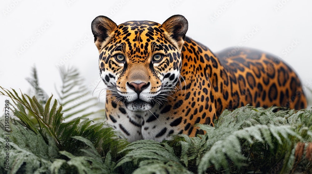 Fototapeta premium Majestic jaguar peering from lush green foliage, intense gaze.