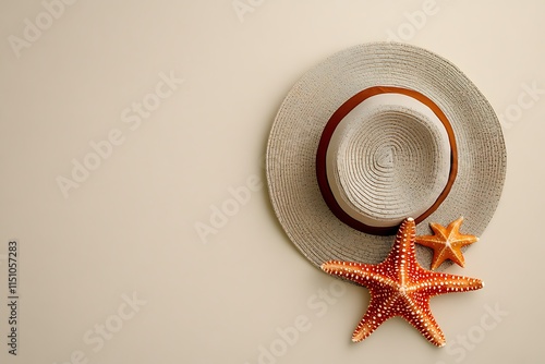 A casual beach hat and a starfish arranged artfully on a clean beige backdrop seen from a top view photo