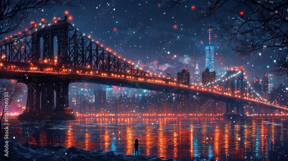 Obraz premium A serene winter night scene featuring a bridge and city skyline illuminated by lights.