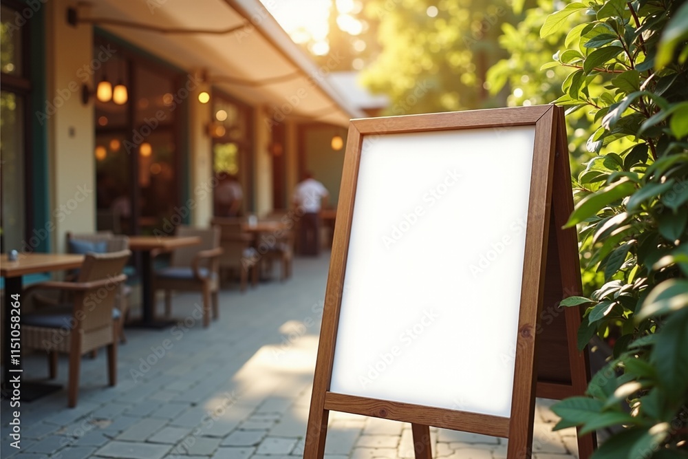 Outdoor Cafe Setting with Blank Signboard, Perfect for Promoting Business or Events. Outdoor Cafe Setting with Blank Signboard, Perfect for Promoting Business or Events.