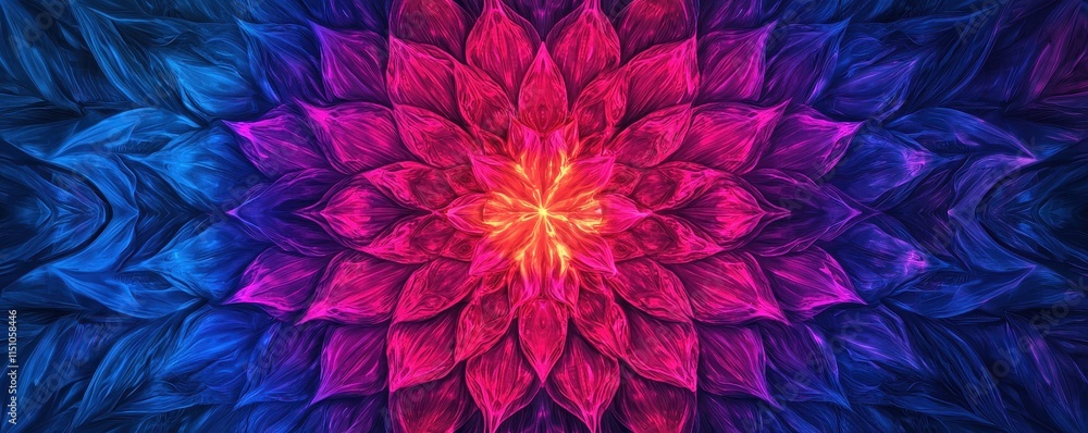 A vibrant, symmetrical floral design featuring rich shades of pink and blue, radiating warmth and energy. A vibrant, symmetrical floral design featuring rich shades of pink and blue, radiating warmth and energy.