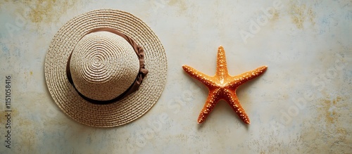 A chic beach hat next to a starfish on a subtle beige surface viewed from the top photo