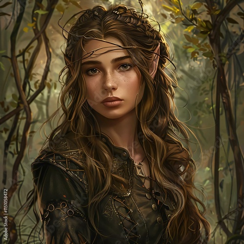 Young wood elf stands poised her wavy brown hair adorned twigs wearing medievalstyle leather clothes necklace set against blurred backdrop greenery photo