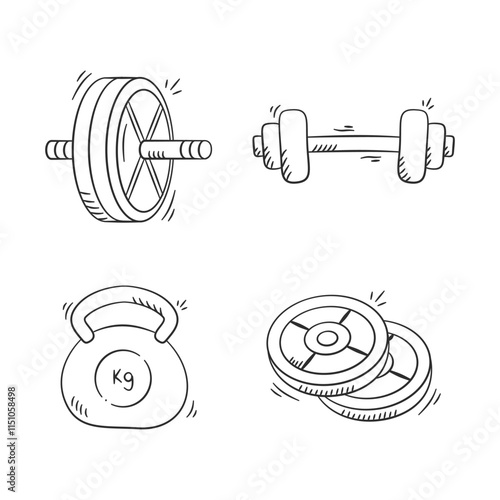 Gym equipment hand drawn illustration. Set of fitness tools vector icon doodle. Dumbbell, kettlebell, roller, weight plate, outline style design.