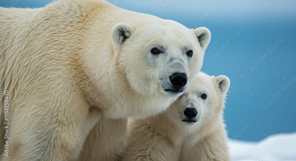 Majestic polar bears, close-up portrait, mother and cub, snowy white fur, expressive eye Majestic polar bears, close-up portrait, mother and cub, snowy white fur, expressive eye