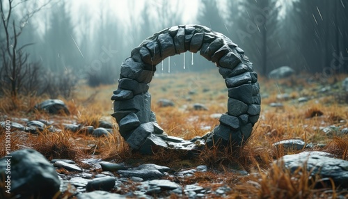 A misty forest scene featuring a circular stone formation, evoking tranquility and natural beauty in a serene atmosphere. photo