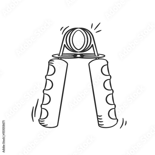 Hand grip strengthener. Gym equipment hand drawn illustration. Fitness gripper tools vector icon doodle. Workout device outline style design.