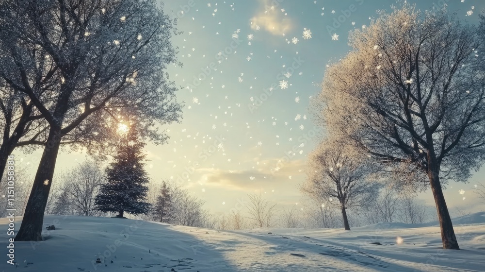 Serene winter landscape with snow-covered trees and falling snowflakes under a warm sunrise. Nature scenery concept
Serene winter landscape with snow-covered trees and falling snowflakes under a warm sunrise. Nature scenery concept