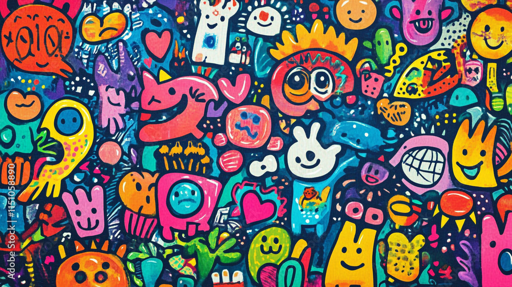Colorful Doodle Art Background Fun Cartoon Characters Happy Bright Design Colorful Doodle Art Background Fun Cartoon Characters Happy Bright Design