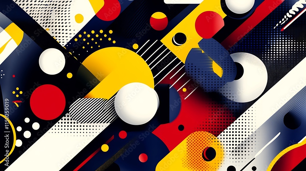 Obraz premium Abstract geometric shapes background with red, yellow, and white circles and lines.