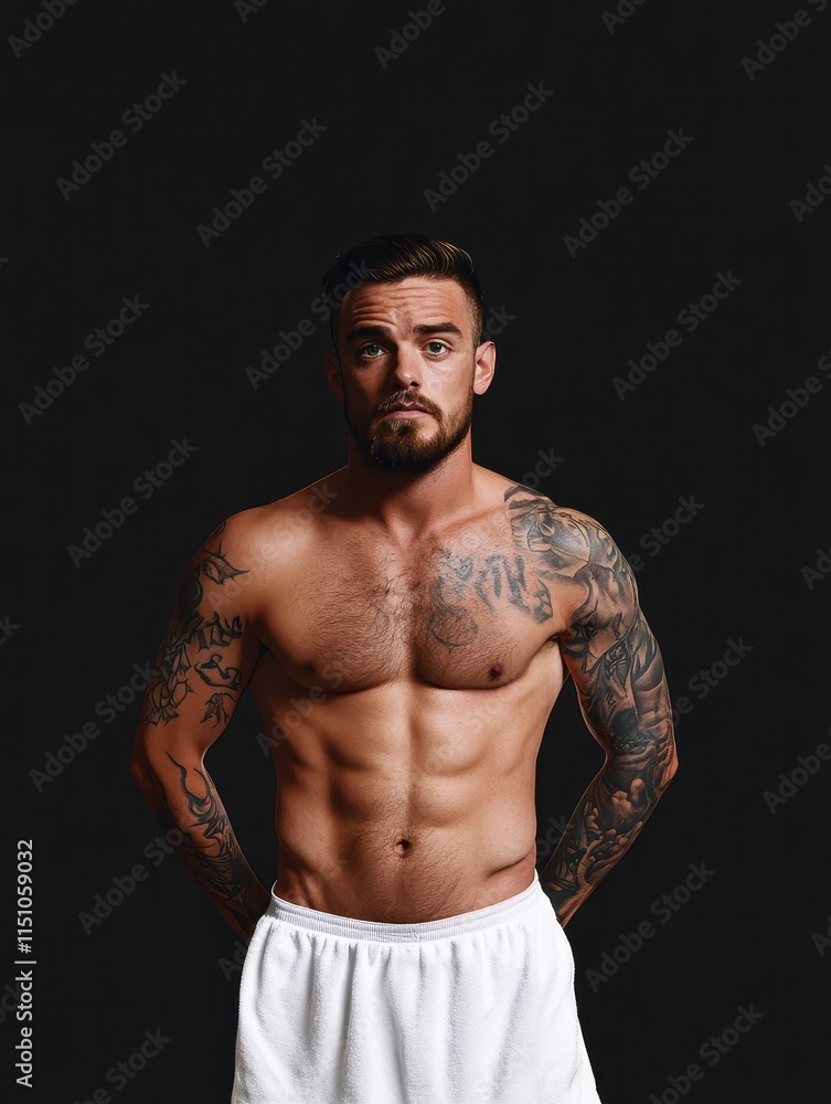 Fototapeta premium Fitness model showcasing physique in studio portrait photography dark background strong expression