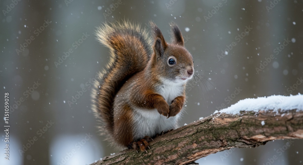 Winter scene, red squirrel, snowy branch, forest, fluffy tail, alert pose, natural habitat, cold Winter scene, red squirrel, snowy branch, forest, fluffy tail, alert pose, natural habitat, cold