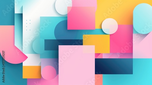 Abstract geometric composition featuring vibrant pastel shapes and floating layered elements in a modern artistic style. Creative design concept 