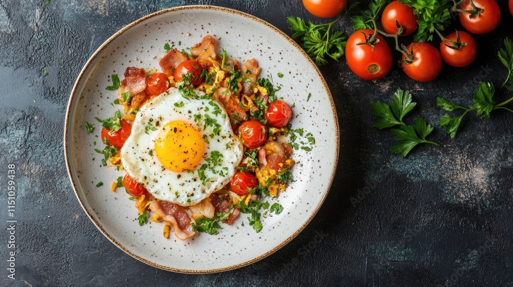Delicious breakfast featuring fried egg, crispy bacon, and fresh cherry tomatoes on a rustic ceramic plate. Food photography concept
Delicious breakfast featuring fried egg, crispy bacon, and fresh cherry tomatoes on a rustic ceramic plate. Food photography concept