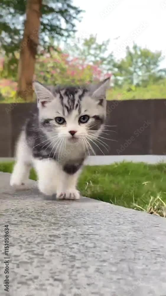 Playful kitten meows outside coming towards camera, energetic cat playing happily. Playful kitten meows outside coming towards camera, energetic cat playing happily.