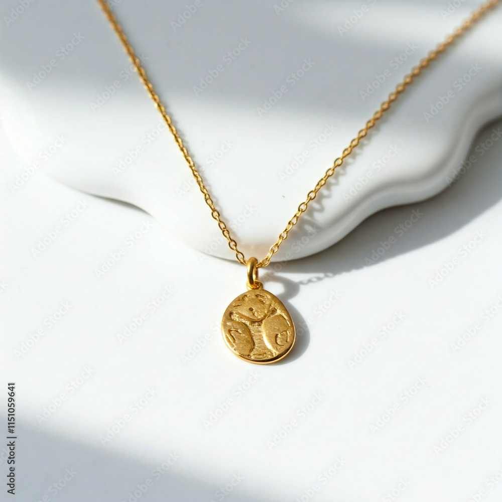 Fototapeta premium gold chain necklace with oval pendant on white background